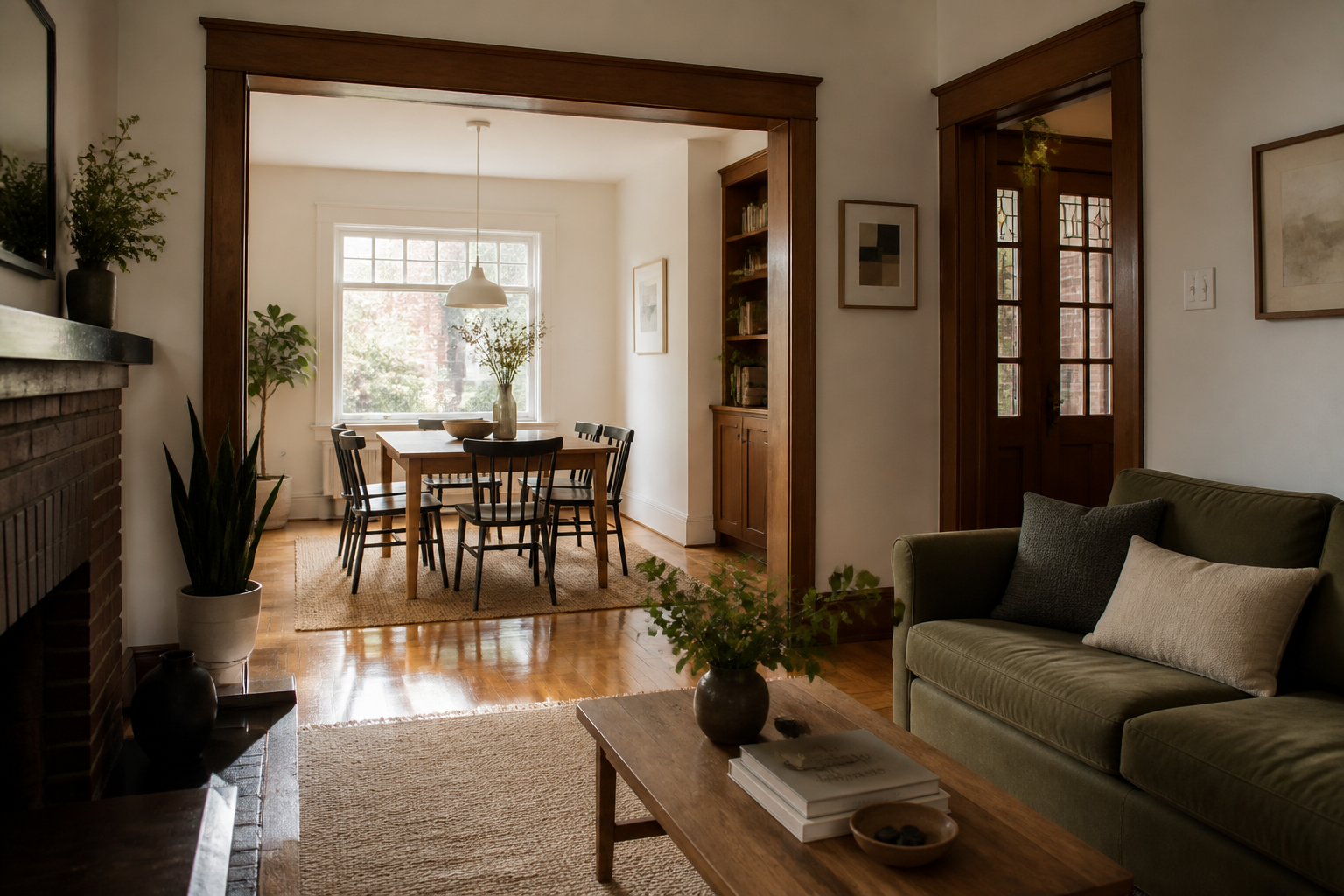 Warm living and dining room in a character-filled Toronto home.