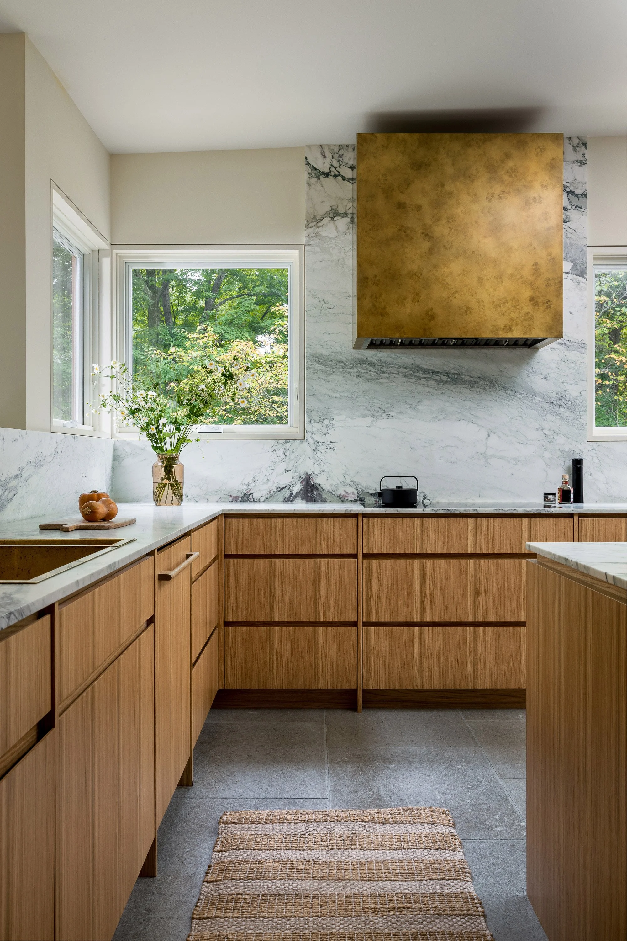 Garrison Foundry Architecture brass hood kitchen white oak cabinets Hudson Valley