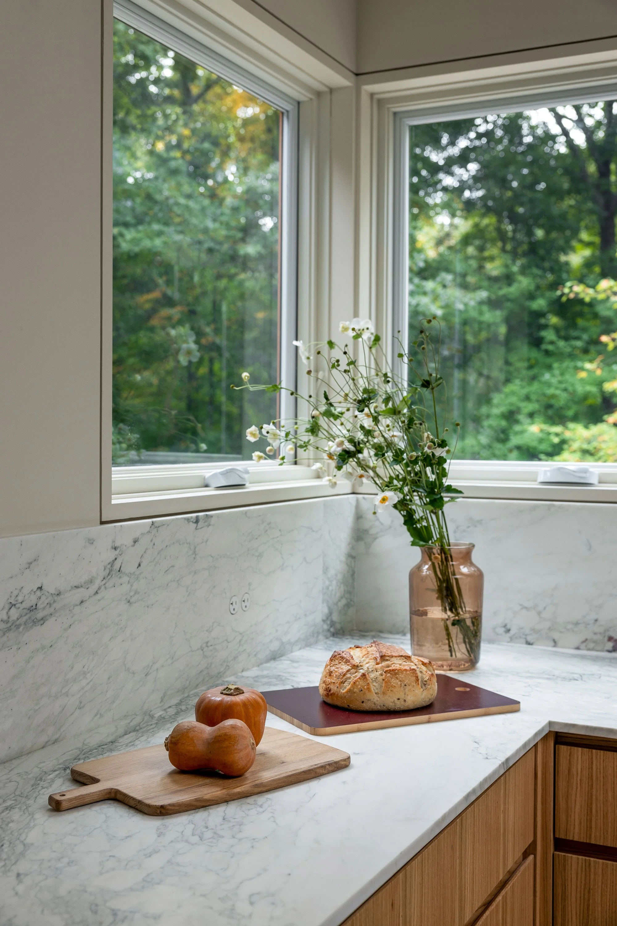 Garrison Foundry Architecture marble slab kitchen white oak cabinets Hudson Valley