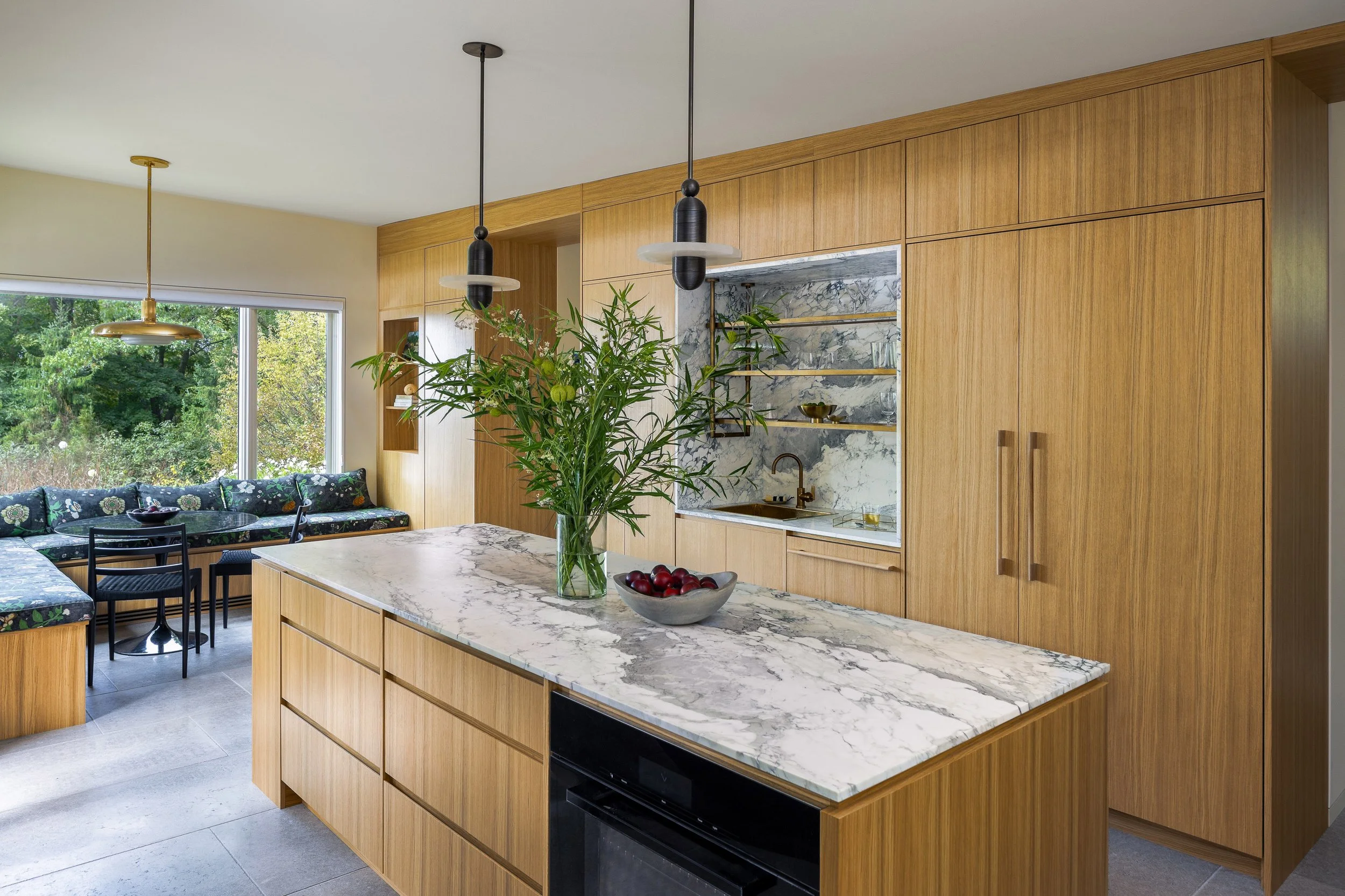 Garrison Foundry Architecture white oak modern kitchen Hudson Valley marble inset bar area with brass shelves