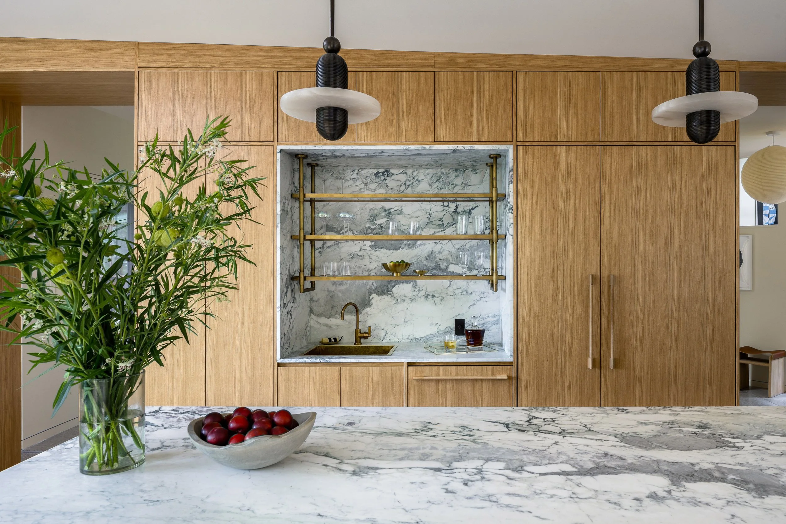 Garrison Foundry Architecture white oak modern kitchen Hudson Valley marble inset bar area with brass shelves