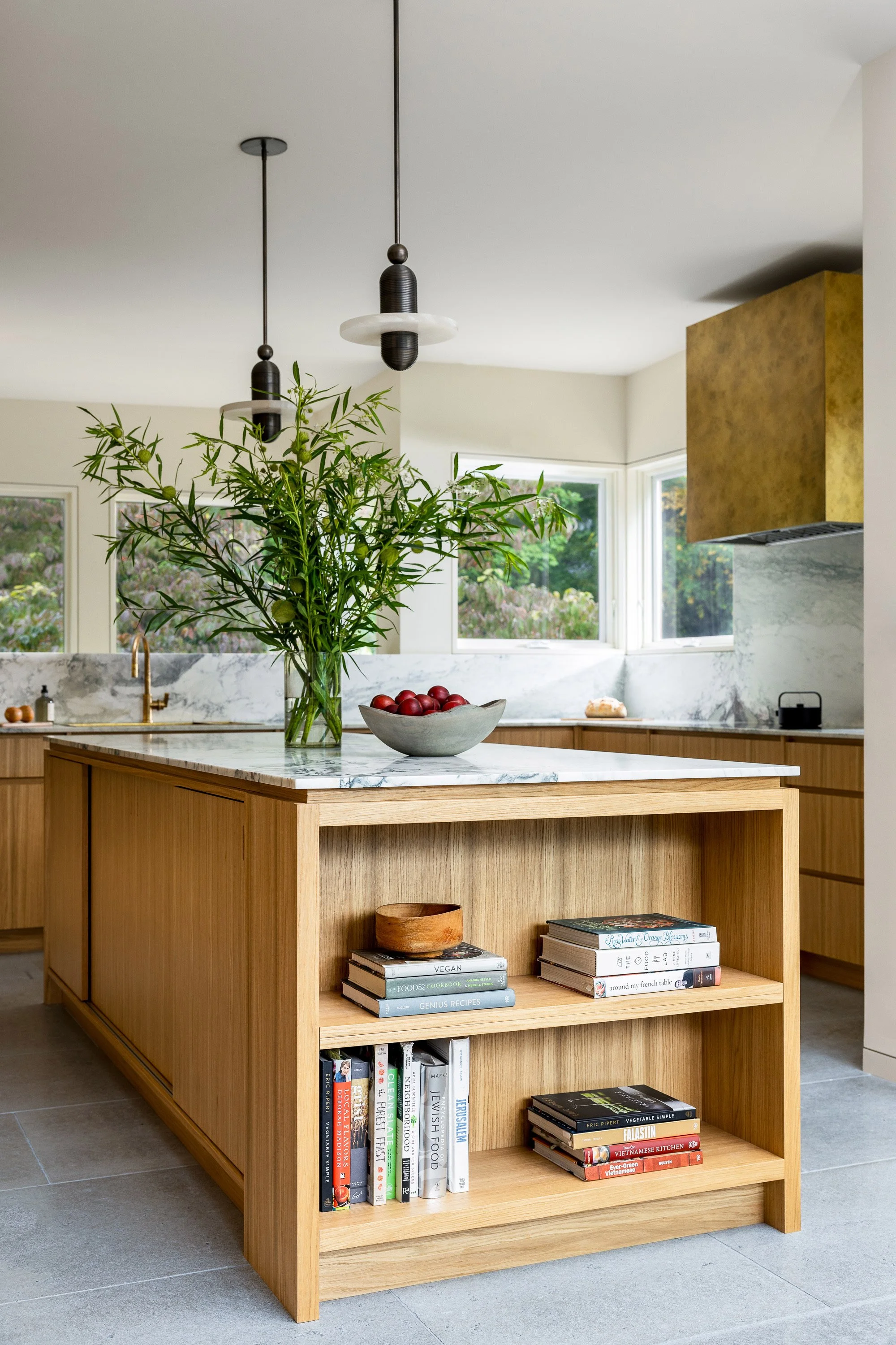 Garrison Foundry Architecture white oak modern kitchen Hudson Valley island with bookshelves
