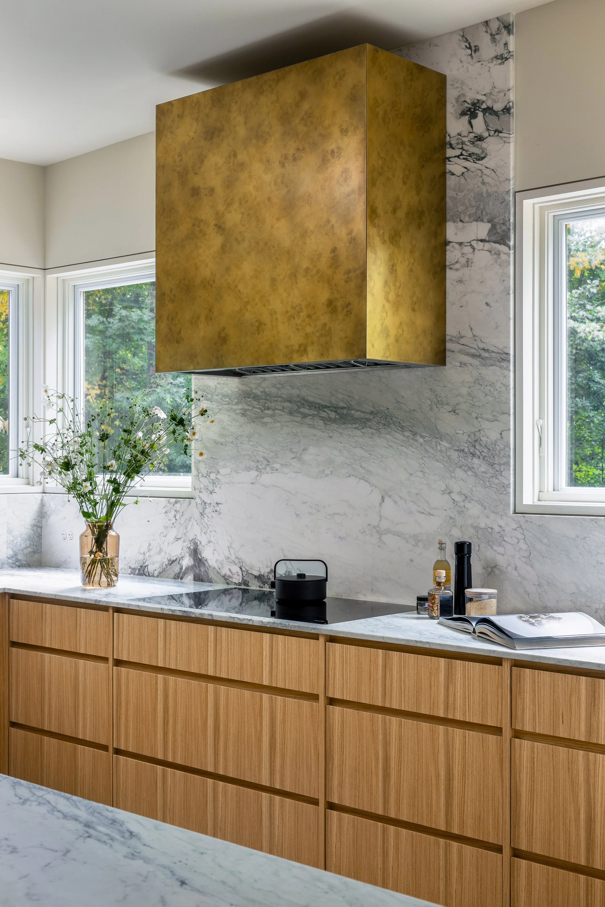 Garrison Foundry Architecture brass hood kitchen white oak cabinets Hudson Valley