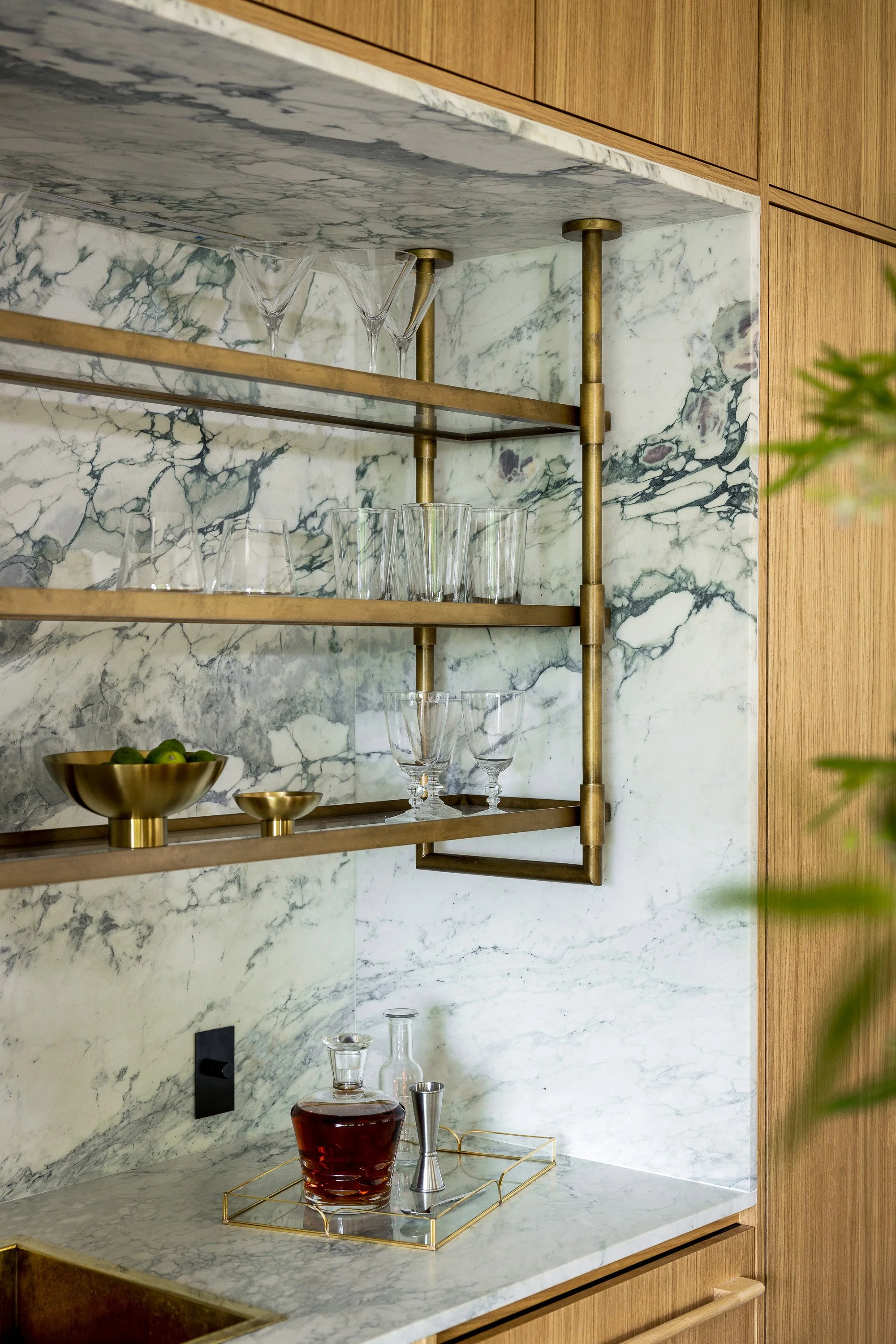 Garrison Foundry Architecture white oak modern kitchen Hudson Valley marble inset bar area with brass shelves
