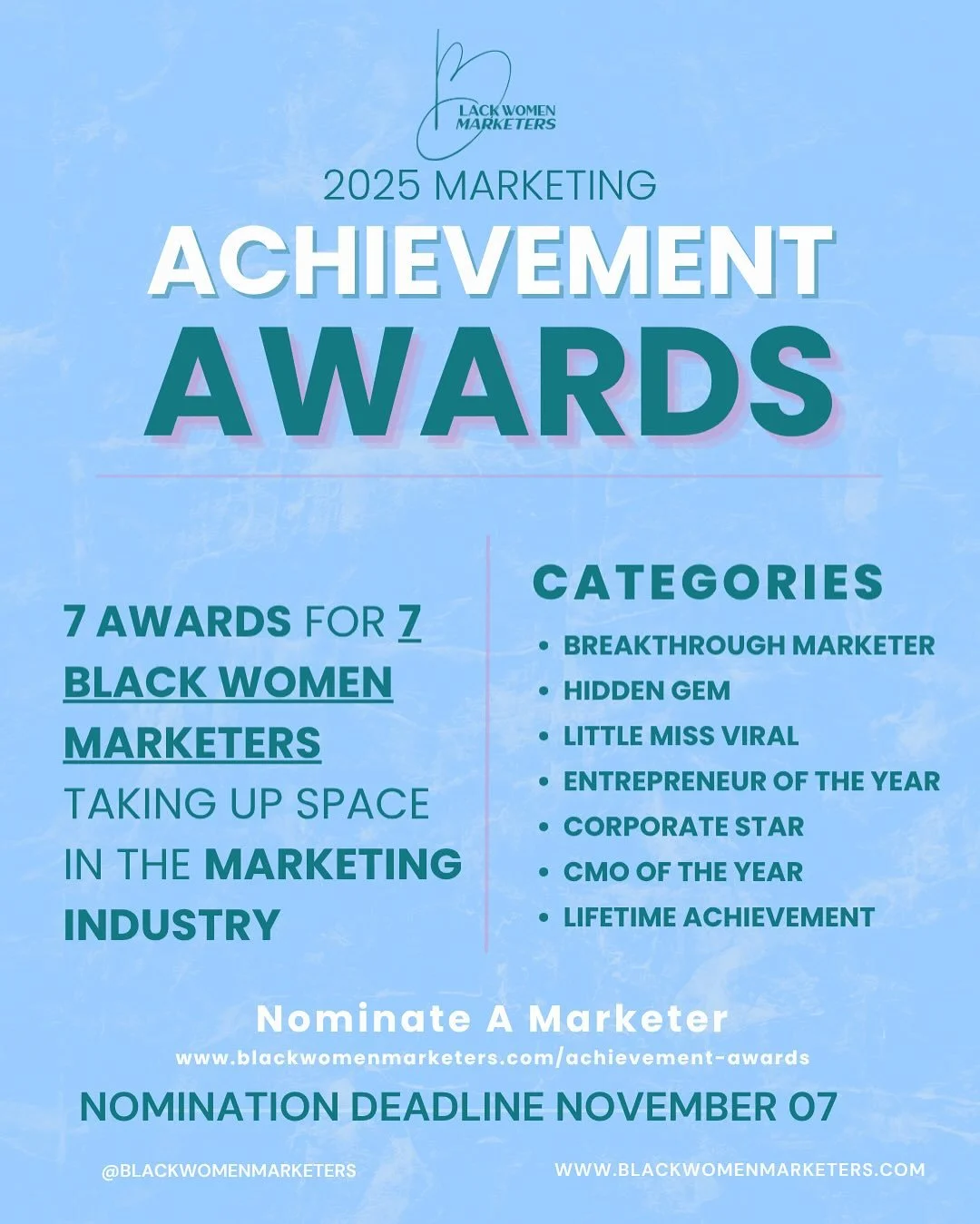 The Black Women Marketers Achievement Awards are officially open! 
We’re recognizing the brilliance, creativity, and leadership of Black women who are breaking barriers and shaping the future of marketing. Each nomination tells a story of impa