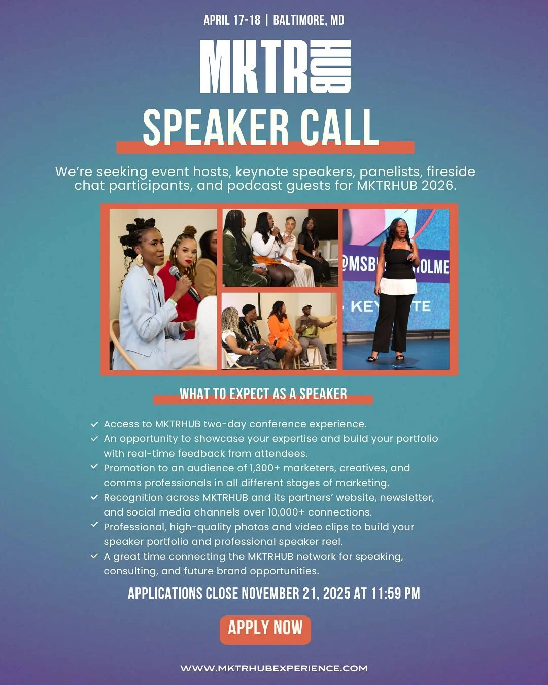 🚨 MKTRHUB SPEAKER CALL IS LIVE! 🚨

We&rsquo;re calling for keynote speakers, event hosts, panelists, fireside chat leaders, and podcast guests for @mktrhub 2026 in Baltimore! 

If you&rsquo;ve got a story, a strategy, or a message that deserves the