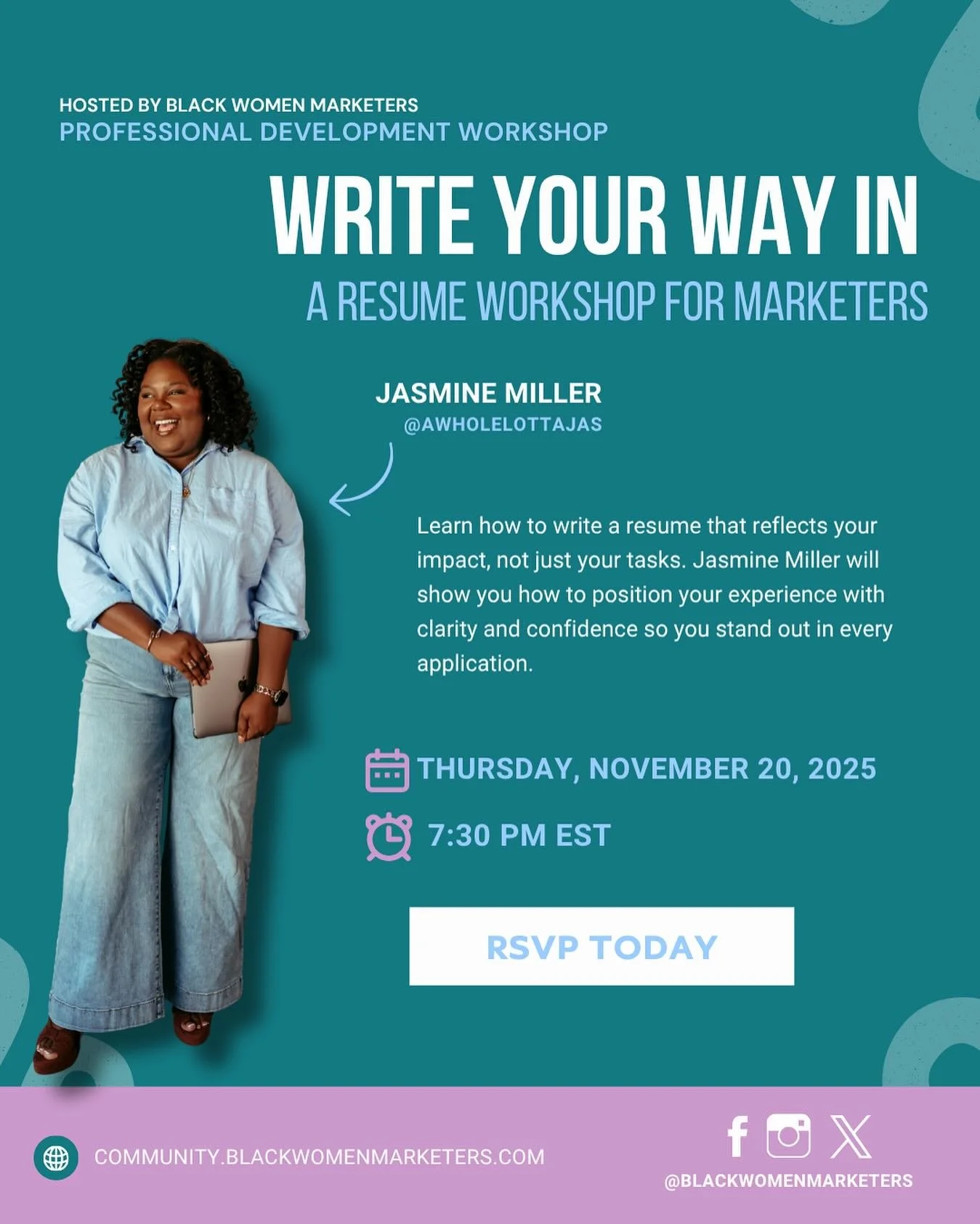 🚨 WORKSHOP ALERT! 🚨

Are you in need of a resume refresh? Black Women Marketers&rsquo; very own Jasmine Miller @awholelottajas is hosting a free resume workshop just for marketers!

🗓️ Tomorrow, November 20th
⏰ 7:30 PM EST
💻 Free for our communit
