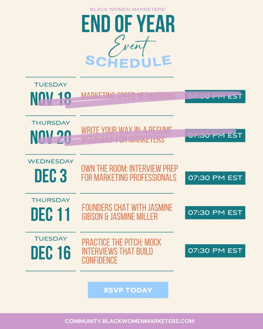 We hope everyone had a restful and joy-filled Thanksgiving! 🤎

We&rsquo;re back next week and continuing our EOY Event Schedule. Here&rsquo;s what&rsquo;s coming up:

📅 Wednesday, December 3
Own the Room: Interview Prep for Marketing Professionals 