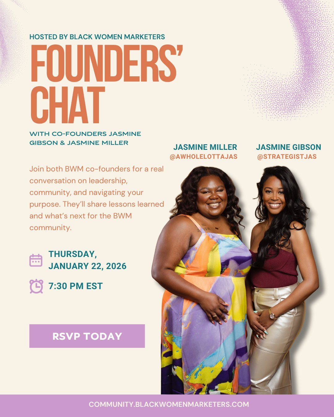 🔥 TOMORROW! We&rsquo;re bringing our co-founders Jasmine Gibson @strategistjas and Jasmine Miller @awholelottajas together for a Founders&rsquo; Chat you do not want to miss!

We&rsquo;re talking leadership, purpose, vision, community, and what it r