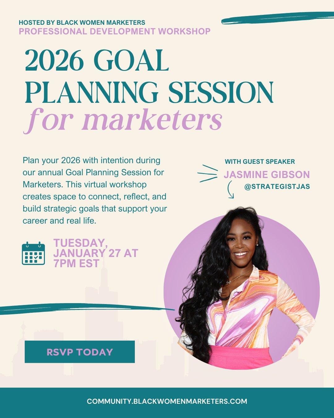 This is your reminder to join us tonight for our 2026 Goal Planning Session for Marketers with Jasmine Gibson @strategistjas! You&rsquo;ll learn how to build intentional goals, create a plan you can actually stick to, and align your career with your 