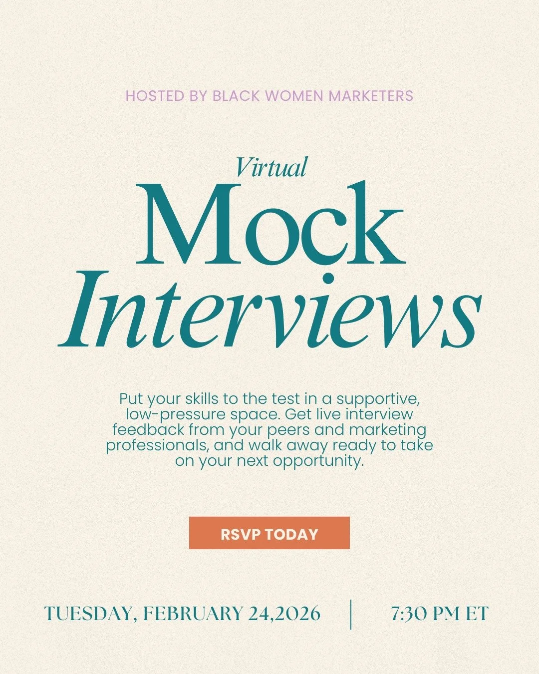 Mock Interviews are back TOMORROW🎤✨

Ready to sharpen your story, tighten your answers, and walk into your next interview confident and prepared?

Join us for our Virtual Mock Interviews! a supportive, low-pressure space to practice, receive live fe