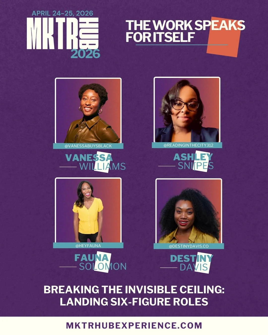 Meet your panelists for Breaking the Invisible Ceiling: Landing Six-Figure Roles 💼

Vanessa Williams @vanessabuysblack
Ashley Snipes 
Fauna Solomon @heyfauna
Destiny Davis @destinydavis.co

Breaking into six-figure roles takes more than talent. It t