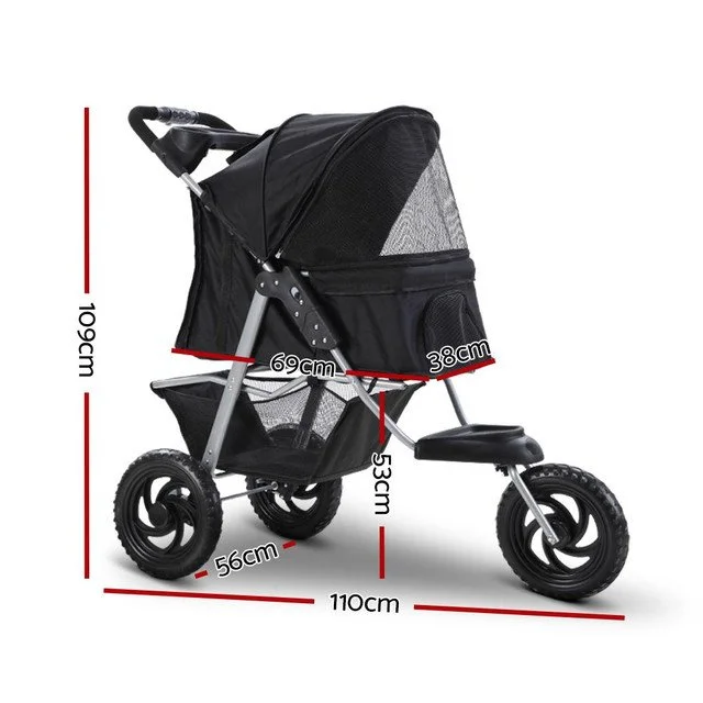 Black children’s tricycle with canopy, feet pedal, and mesh storage basket, with dimensions marked.