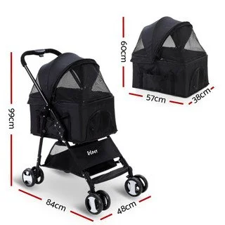 Black pet stroller with dimensions marked: 99cm tall, 84cm long, 57cm wide for the main body; interior dimensions 21cm by 38cm; and wheelbase 48cm.