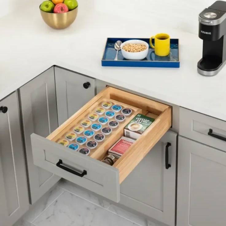 Kitchen with pullout drawer for coffee pods in OKC.