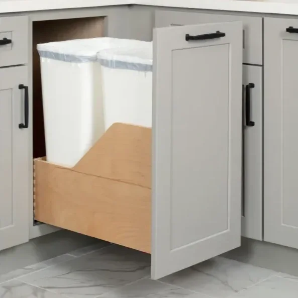 Custom double trashcan pullout drawer in OKC.