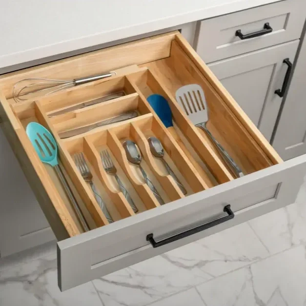 Kitchen cabinetry with adjustable storage for cutlery in Oklahoma City.