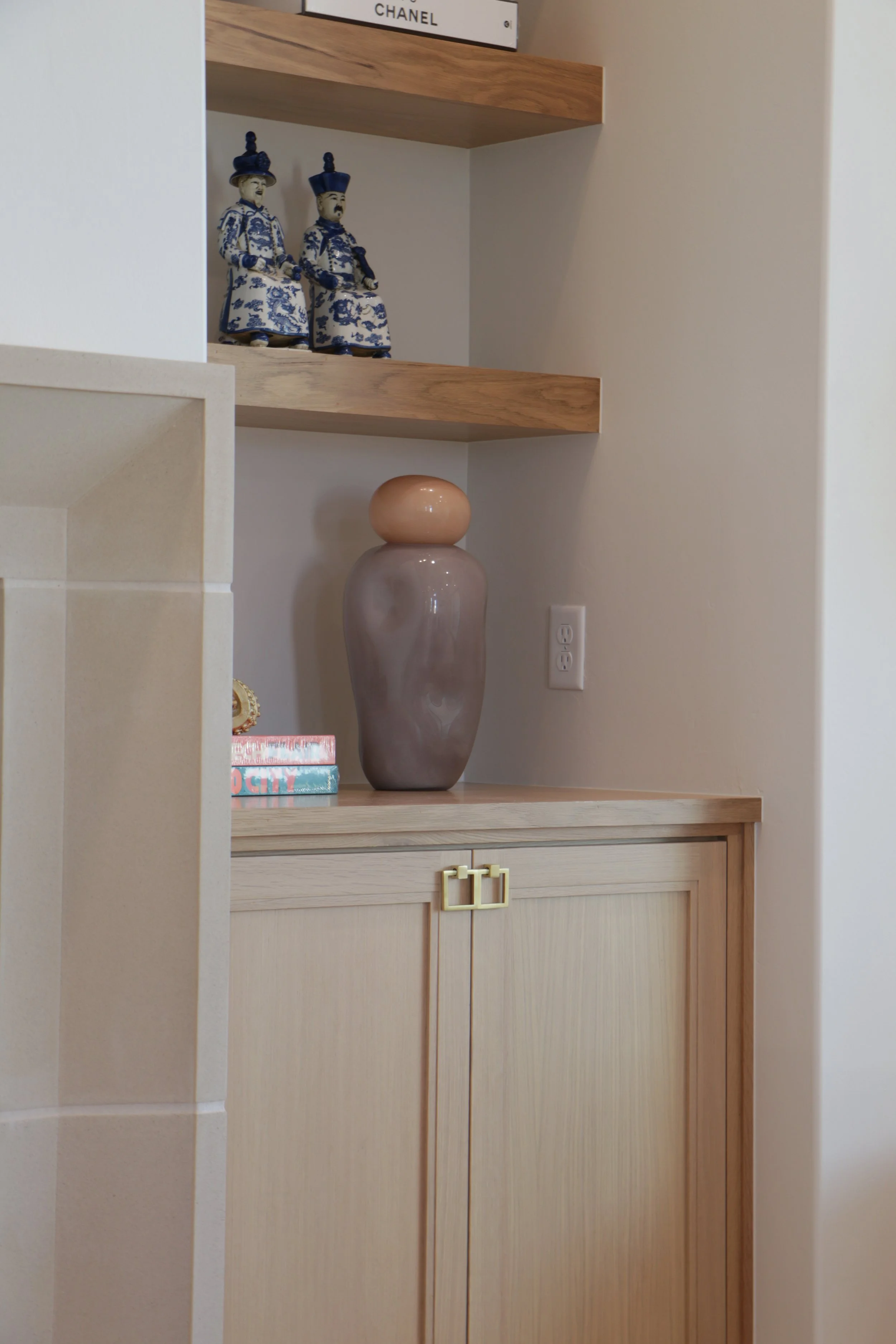 Custom cabinet with open shelving and modified shaker doors in OKC.