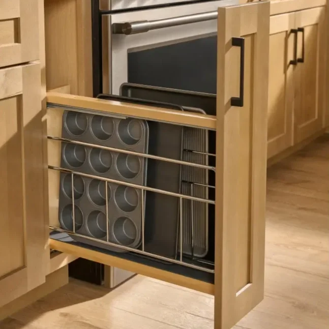 Kitchen cabinet featuring a pullout drawer for tray and baking sheet storage in Oklahoma City.