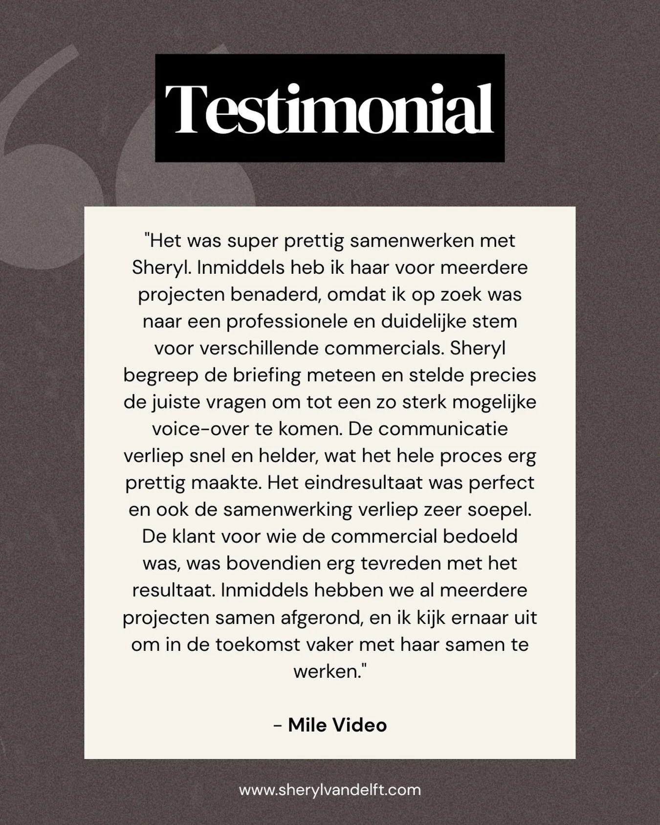 Er is niks fijner dan een samenwerking die gewoon klopt. Duidelijke communicatie, een goed eindresultaat, en een blije eindklant. Precies waar ik naar streef.

Dankjewel @mile.video voor het vertrouwen! 🙏

#voiceover #voiceoverartist #nederlandsevoi