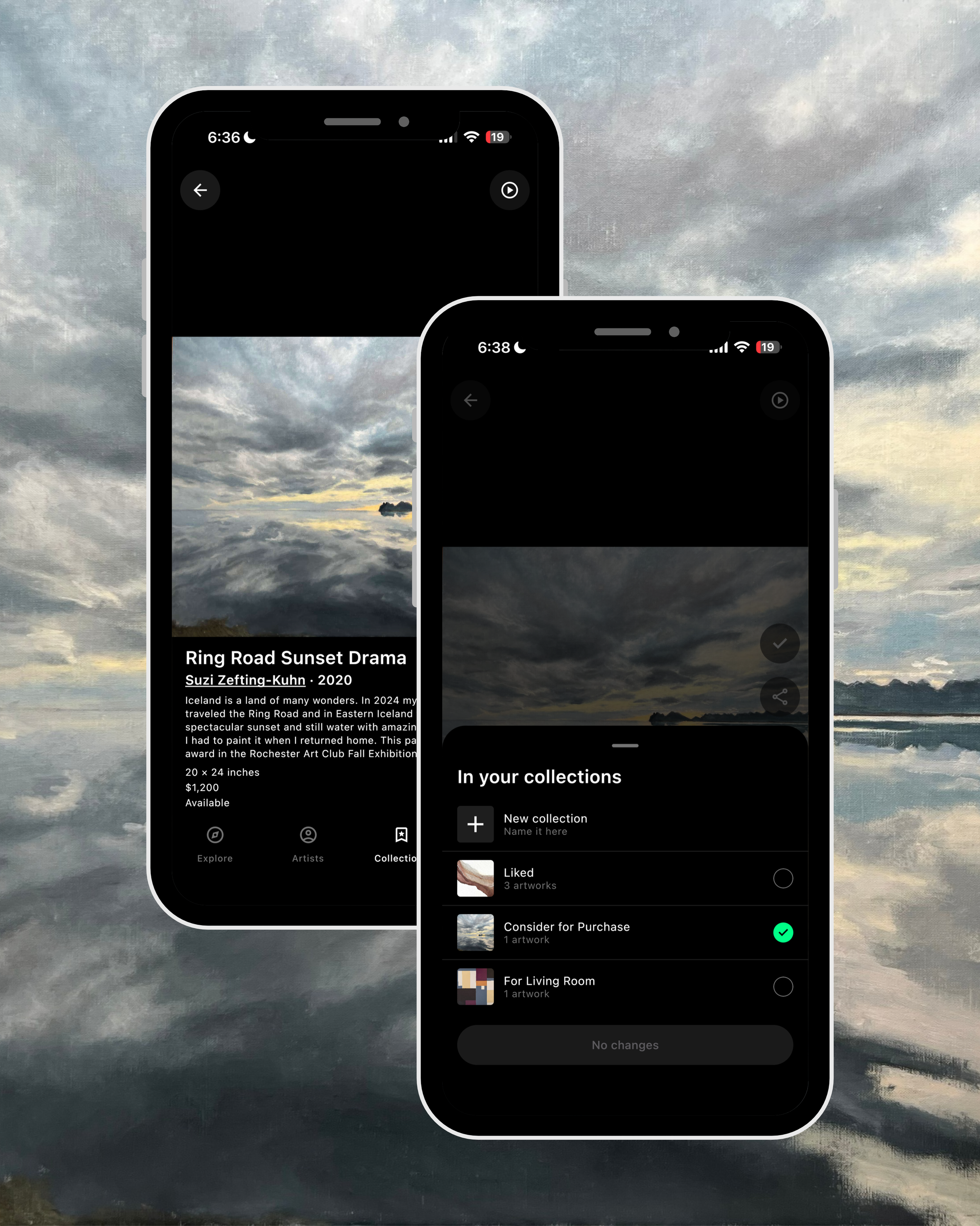 The Behold app on two phones: a landscape painting and the list of personal collections it can be saved to