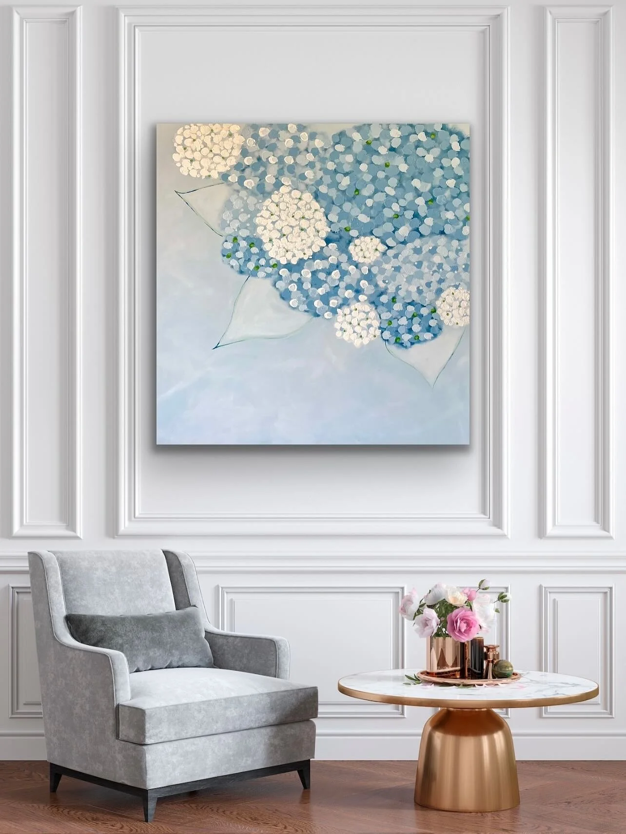 Hydrangeas- a whopper of a canvas at 48x48; acrylic on canvas with some oil pastels.  Almost ready to embark on its journey to @olemiss with @cate.el.young!  Many thanks again to @younglisaj for the opportunity to create this in collaboration with yo
