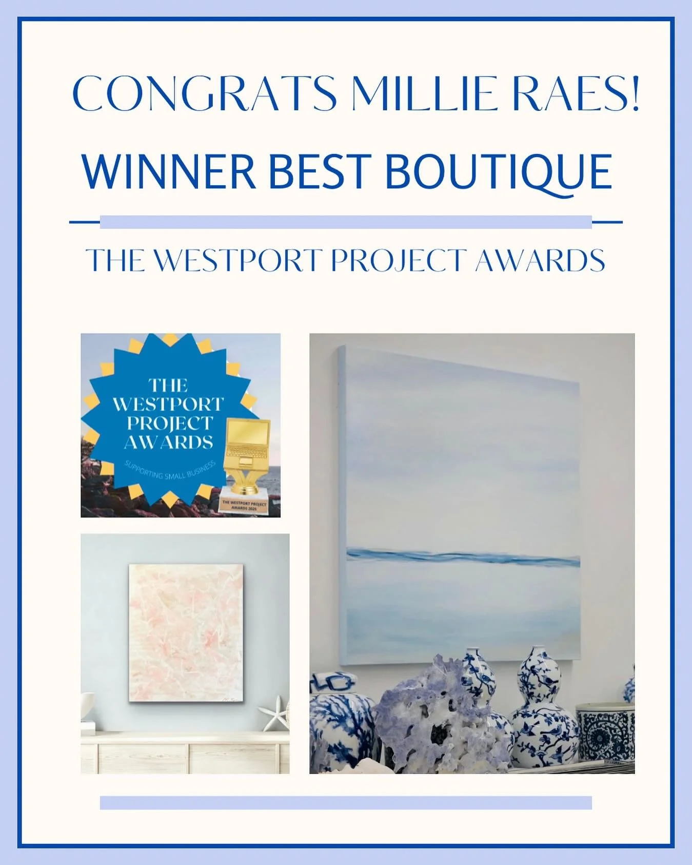 Congratulations to @millie_raes for being the obvious winner of the Best Boutique Award from @thewestportproject!! Always a standout and I&rsquo;m so proud and delighted to be one of your featured artists 💛💫. Cheers to you!!
#bestboutique #original