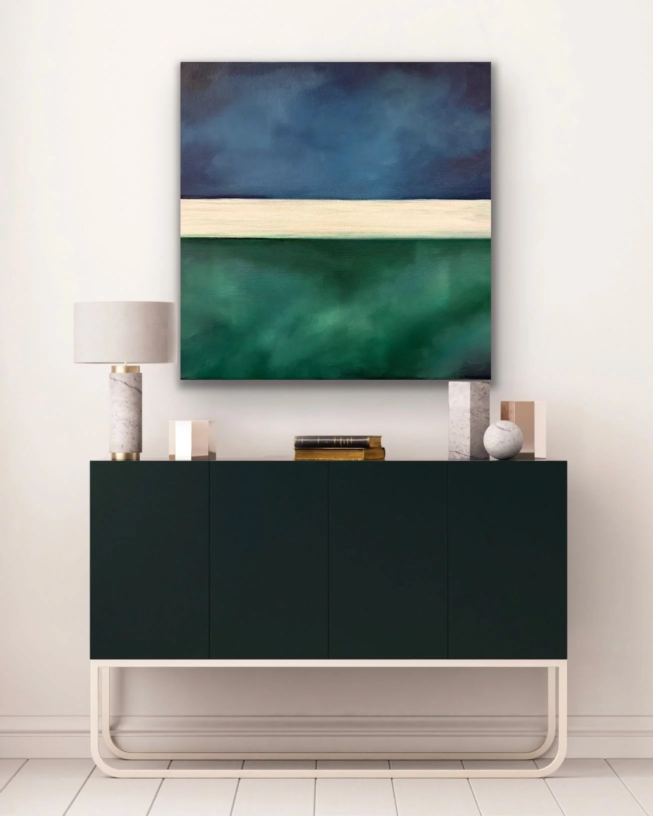 From the Ground Up
36x36 abstract landscape painting
Acrylic on canvas

A study in contrast &mdash; grounded green rising toward a suspended band of light and an expansive sky. Inspired by the quiet balance between earth and atmosphere.

#abstractlan