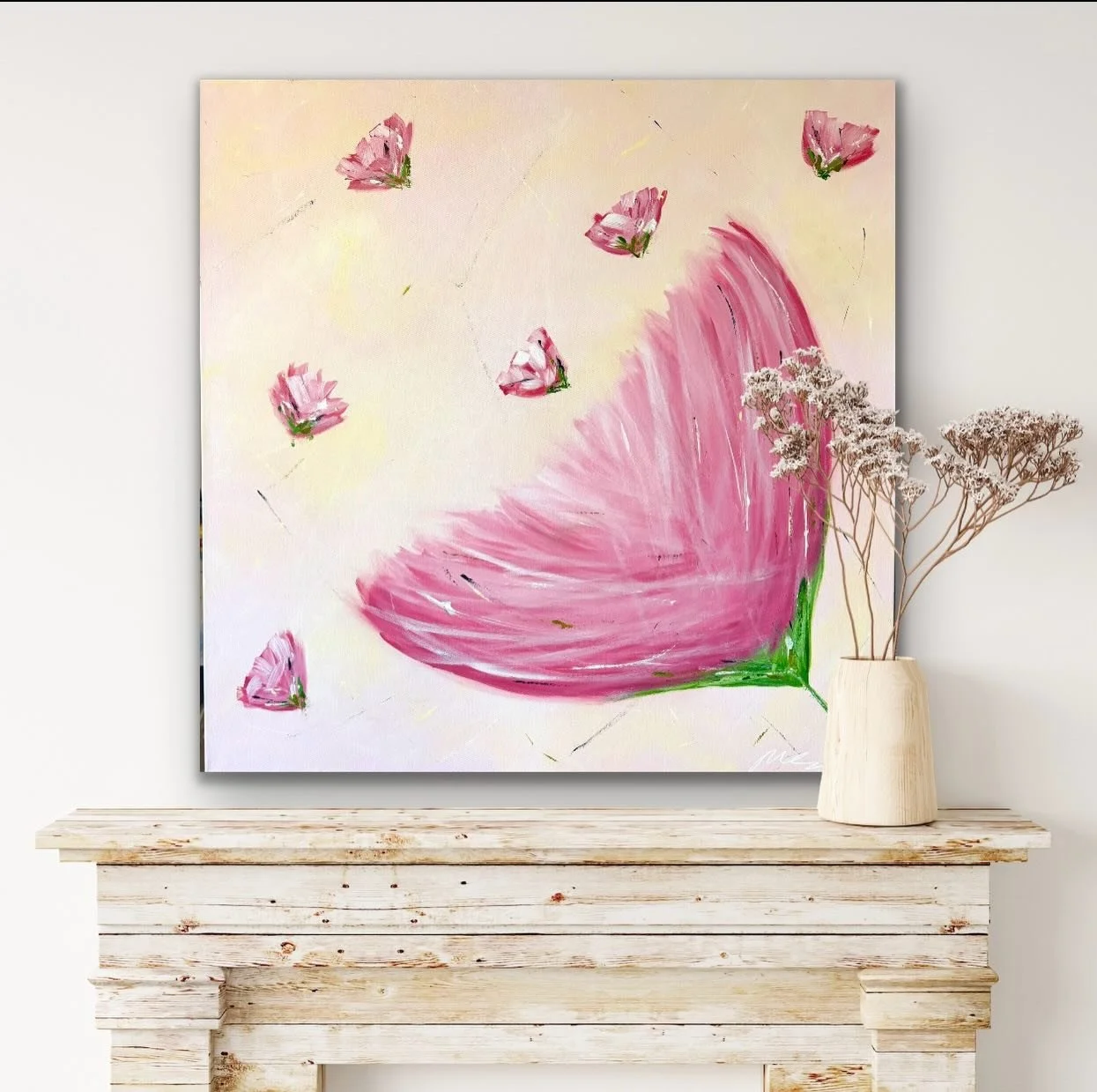 All in Bloom 🌸
36 &times; 36 acrylic painting on canvas

Abstract floral painting in soft pink tones, designed to bring lightness, movement and peace into a space.

This large-scale acrylic painting captures a single bloom in motion. Ideal as statem