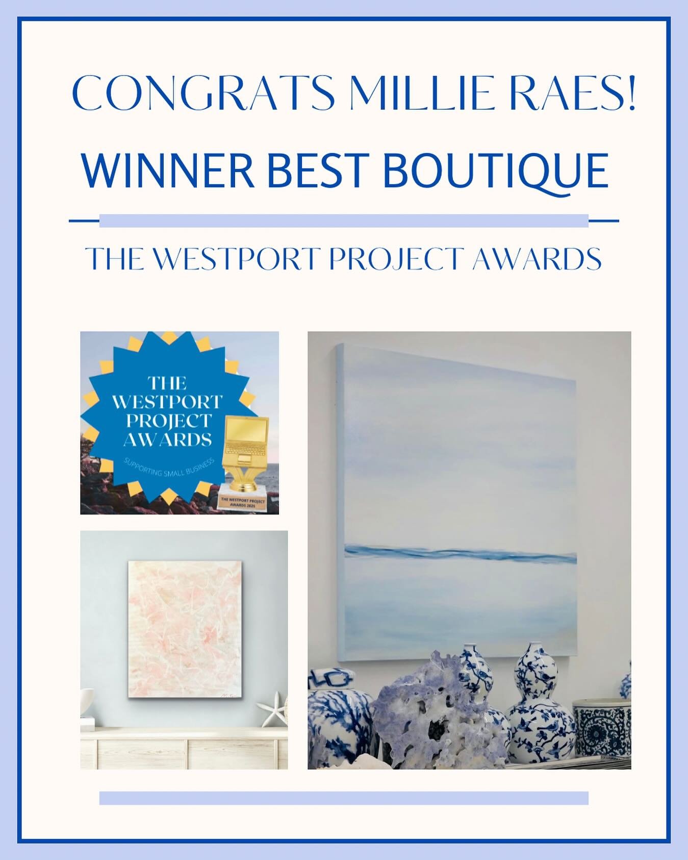 Congratulations to @millie_raes for being the obvious winner of the Best Boutique Award from @thewestportproject!! Always a standout and I&rsquo;m so proud and delighted to be one of your featured artists 💛💫. Cheers to you!!
#bestboutique #original