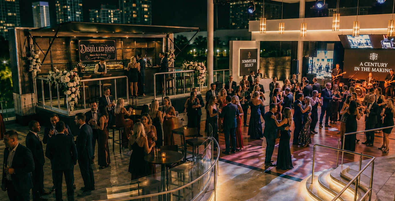 Guests dancing and socializing at an elegant indoor evening event with a live band on stage, a bar area, and city lights visible through large windows in the background.