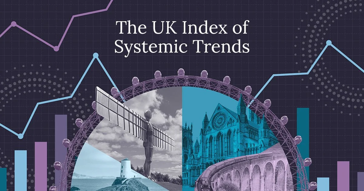 Colorful collage of graph lines and UK sights
