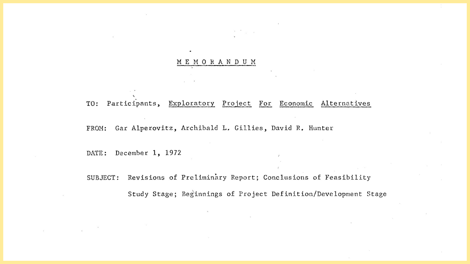 Memorandum to Participants of the Exploratory Project for Economic Alternatives