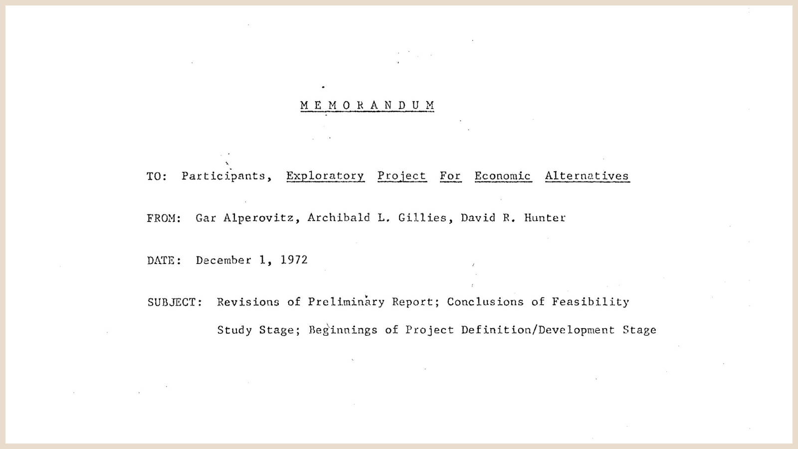Memorandum to Participants of the Exploratory Project for Economic Alternatives