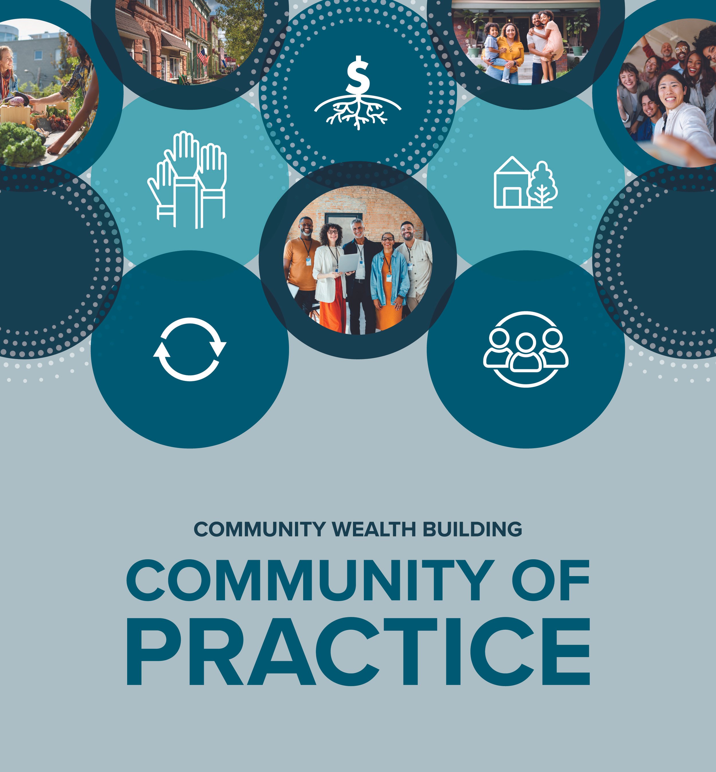 A community-centered graphic with photos of diverse groups of people in urban and neighborhood settings, surrounded by icons representing community involvement, sustainability, recycling, and teamwork. The text reads 'Community Wealth Building' and 'Community of Practice.'
