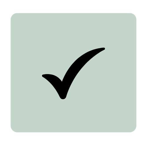 A black checkmark inside a light green rounded square.