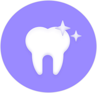 Illustration of a white tooth with sparkles on a purple circular background.
