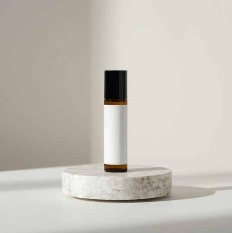 A small amber glass roller bottle with a black cap on a white marble circular platform, illuminated by natural light.