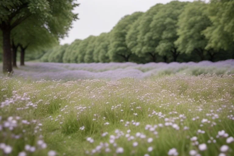 A scenic landscape of a field with purple flowers and a row of green trees in the background.