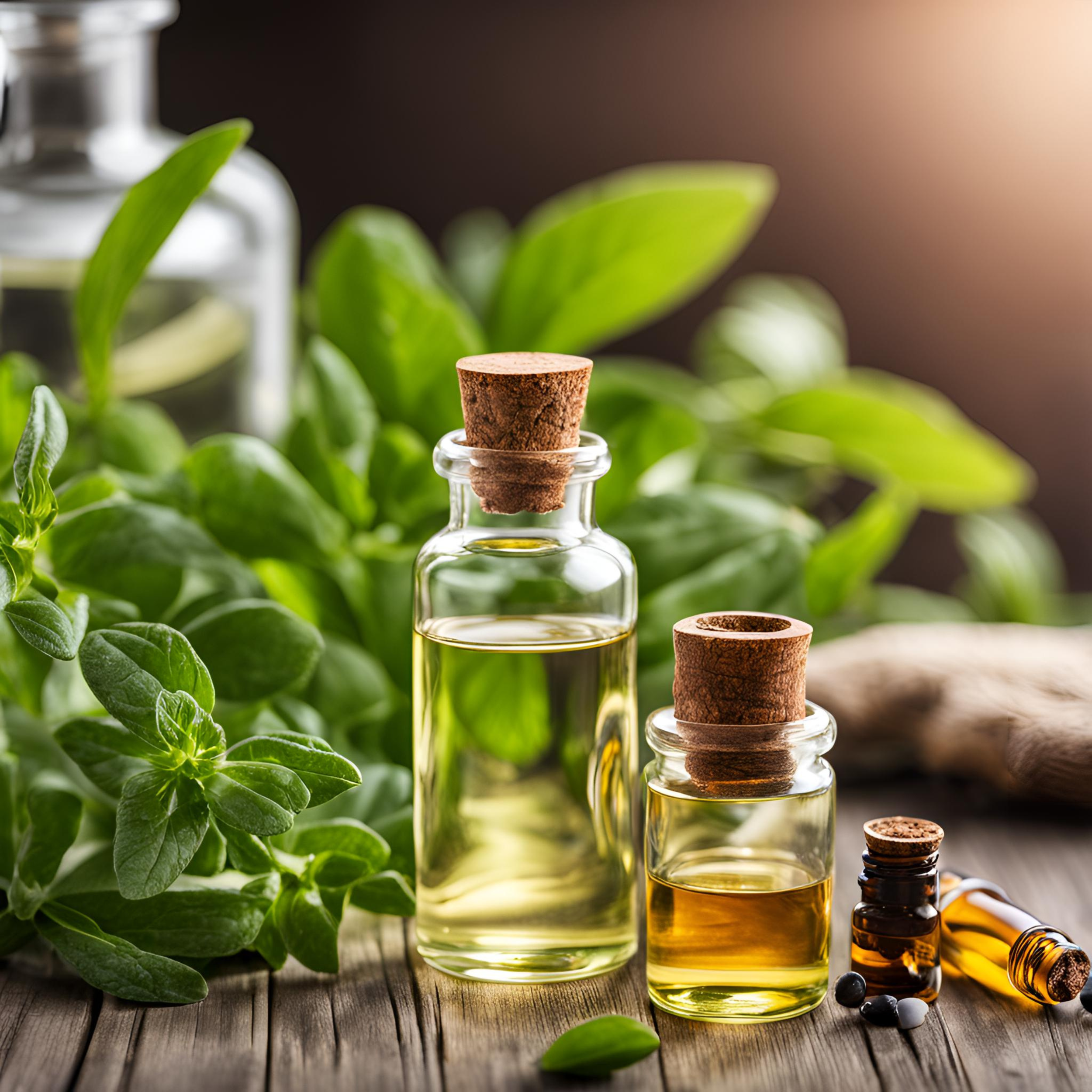 Assorted glass bottles containing essential oils on a wooden surface with green herbs and plants in the background.