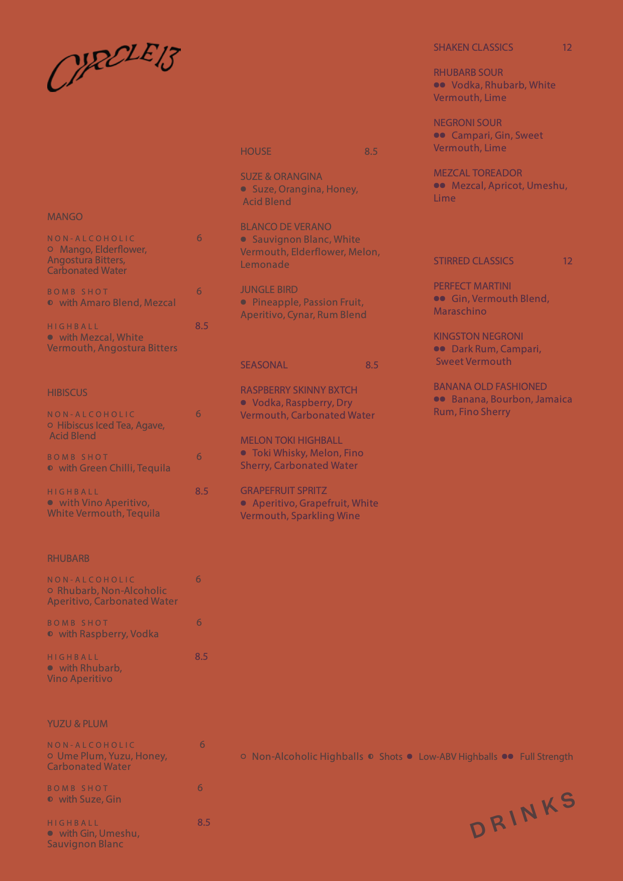circle13 cocktail menu: non-alcoholic and full-strength highballs, house and seasonal cocktails, shaken and stirred classics