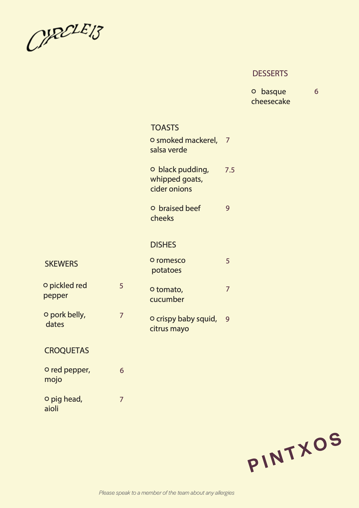 circle13 pintxos menu: toasts, skewers, croquetas, small dishes and basque cheesecake dessert