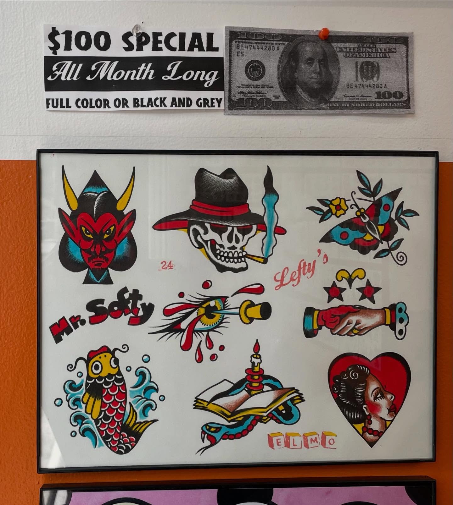 ๐LEFTY’S $100 SHEET MAY EDITION lined and painted by @mikeelmotattoo Come by anytime and get any design in color or black and grey for $100 flat. Walk-ins daily 12-8!
๐247 Wilson Ave Brooklyn NY
๐J,M, L trains
โ๏ธ718-344-4711