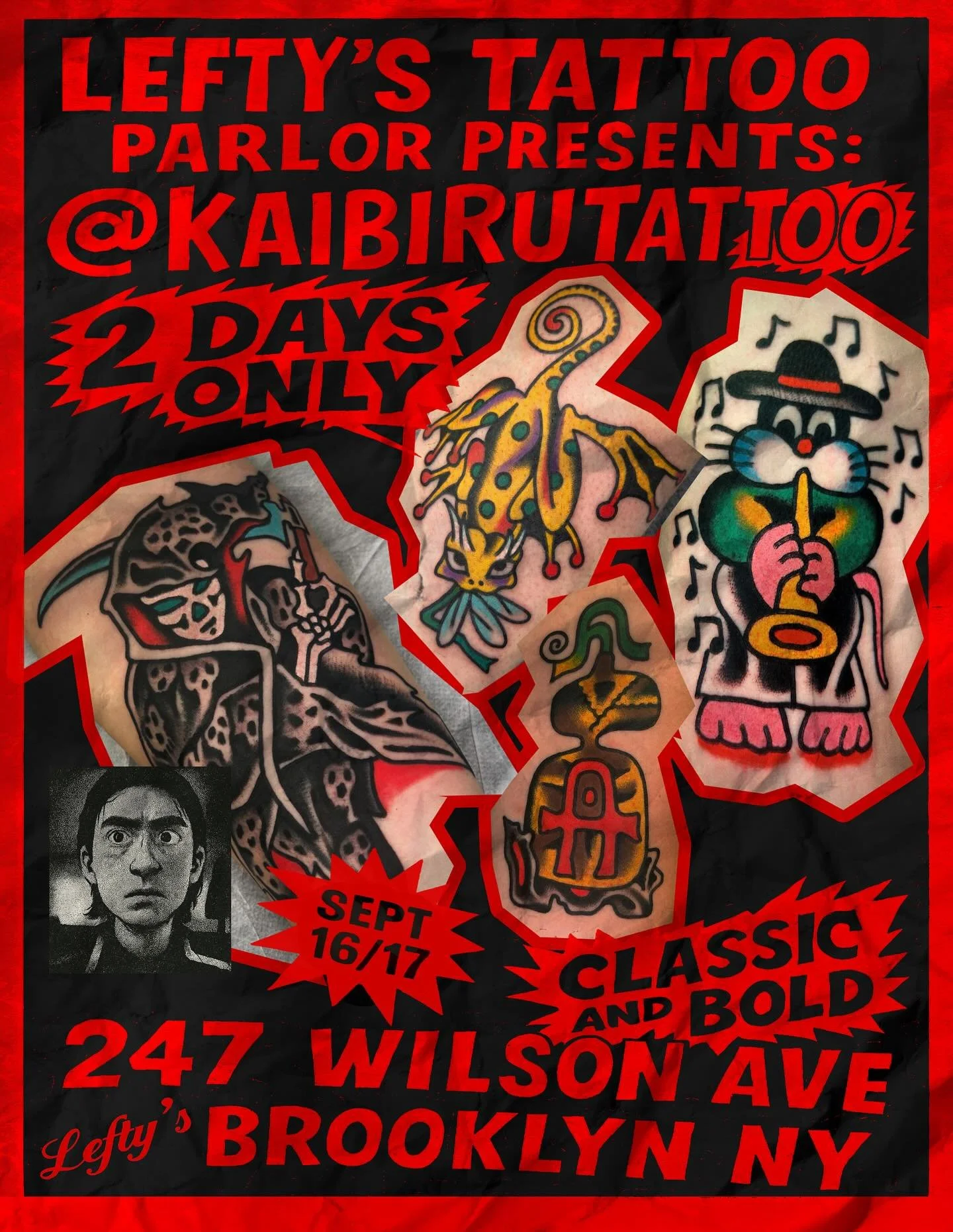 Catch @kaibirutattoo two days only! 🚨 September 16/17 at Leftys! Epic flash to chose from and a rare opportunity to get something cool from Kai! Contact them directly to book! 
📍247 Wilson Ave Brooklyn Ny 
💋J,M,L train B60
🚗 plenty of free street