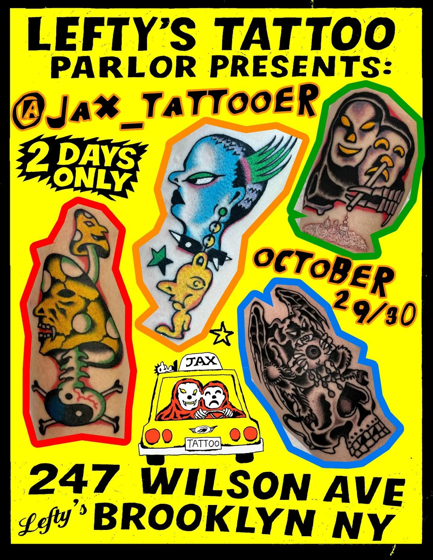 🚨 @jax_tattooer Guesting with us two days only OCTOBER 29/30th! Don&rsquo;t miss out on a very rare opportunity to get tattooed by @jax_tattooer contact them directly to book! 🚨
❤️&zwj;🔥247 Wilson Avenue Brooklyn NY 
🚗 Lots of free street parking