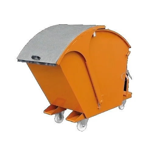 Eichinger 2026 Orange Industrial waste bin with a lid. This front three quarter view is on a white background. The bin is a forklift tipper with a lid. It is on casters as well.