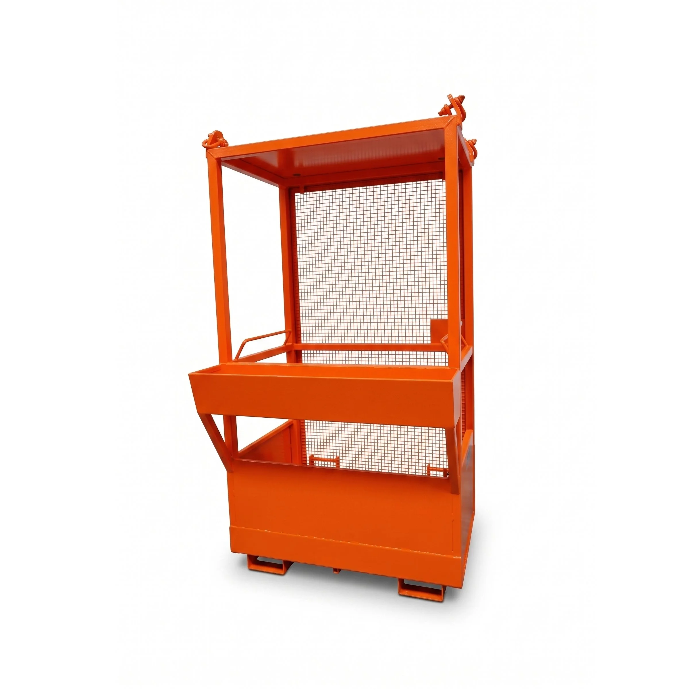 Crane man basket suitable as a forklift work platform as well. The product is orange. The background is white. The scale is 1to1