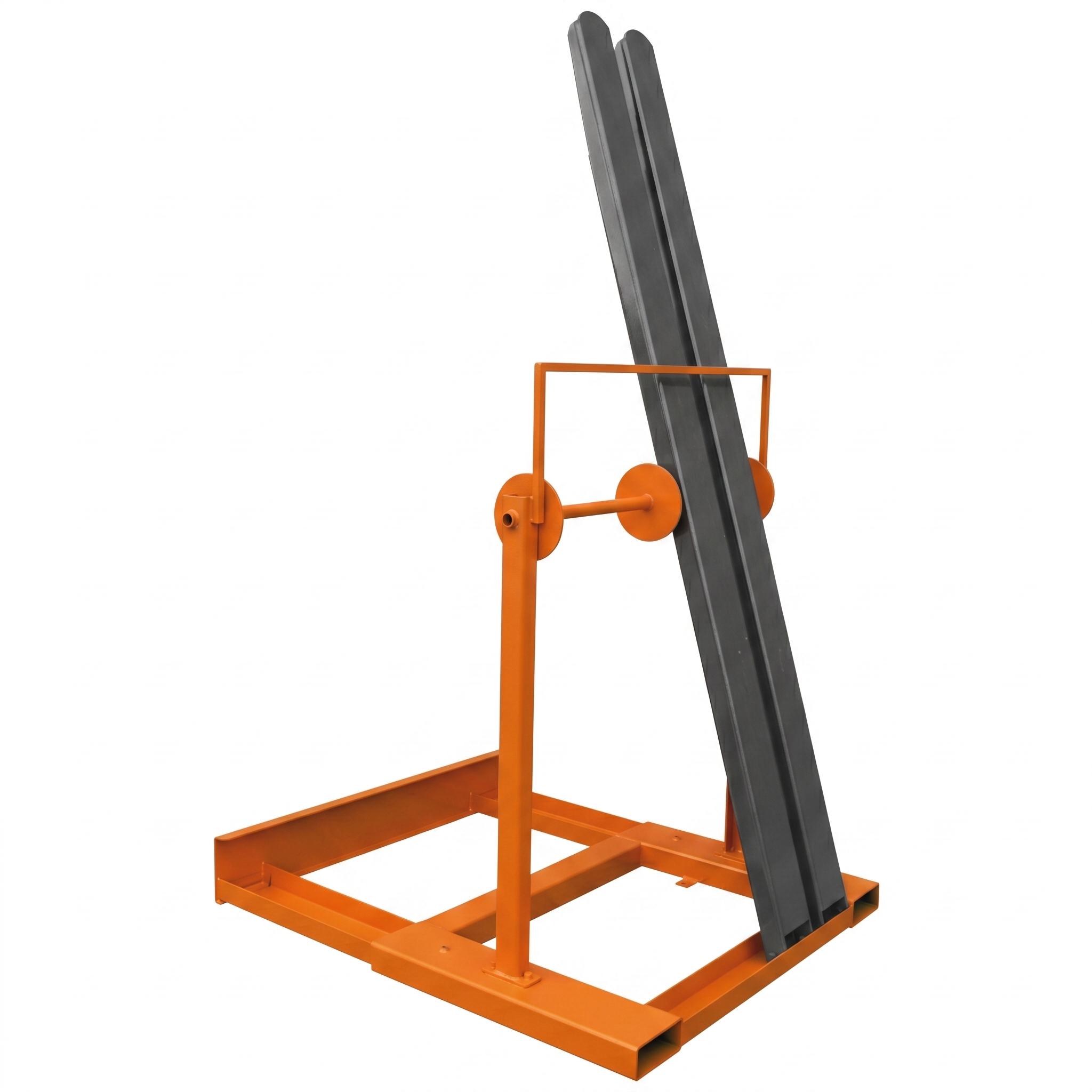 Eichinger Forklift Tine Extension Changing Station. The stand securely stores tine extensions and allows for hands free extensions to be installed or removed. The stand is orange. The tines are gray. The background is white.