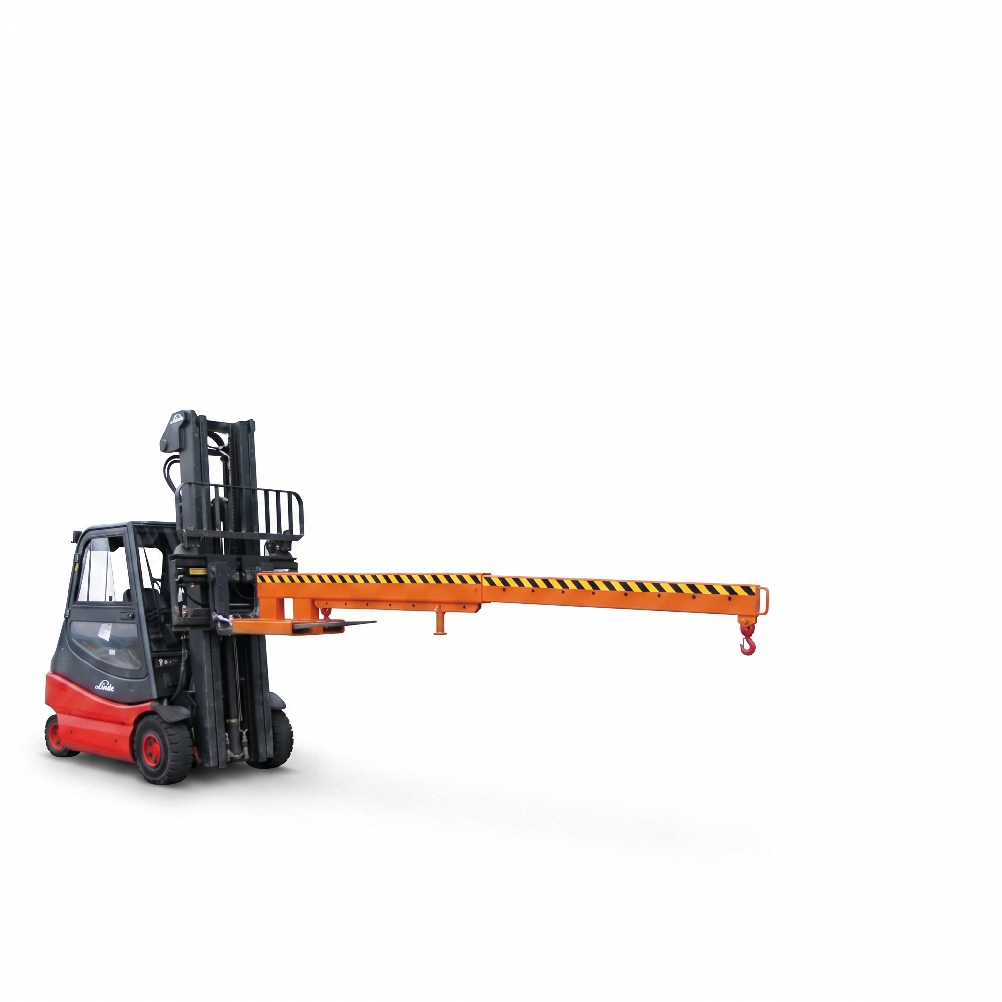 Eichinger Forklift jib with 12' of range on a forklift. The background is white.