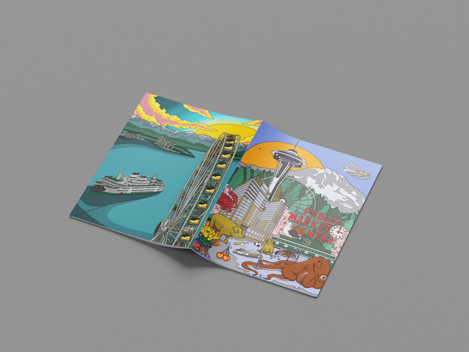 Four Seasons Seattle children’s activity book cover, illustrated Seattle skyline